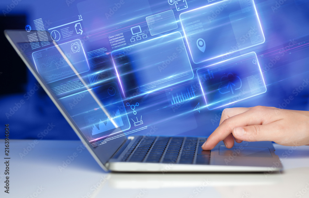 Poster hand using laptop with database reports and online work concept