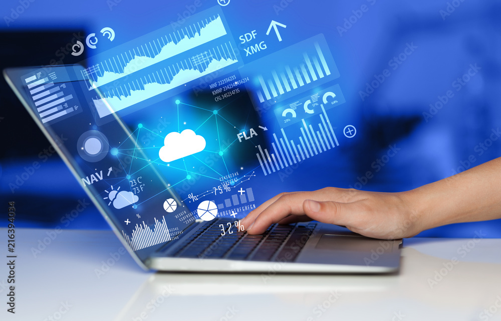 Poster hand using laptop with cloud technology and linked information concept
