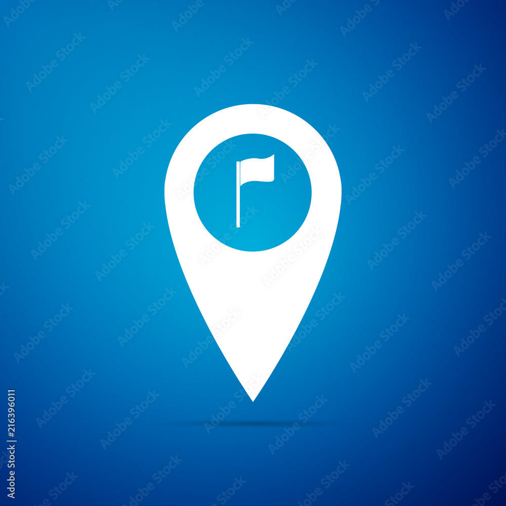 Poster map pointer with golf flag icon isolated on blue background. location marker symbol. flat design. ve