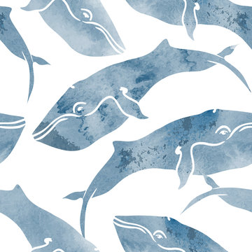 watercolor whales seamless vector patten