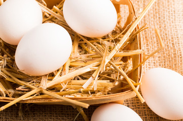 Close up chicken eggs. Healthy eco products.