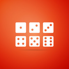 Set of six dices icon isolated on orange background. Flat design. Vector Illustration