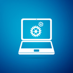 Laptop and gears icon isolated on blue background. Laptop service concept. Adjusting app, setting options, maintenance, repair, fixing laptop concepts. Flat design. Vector Illustration