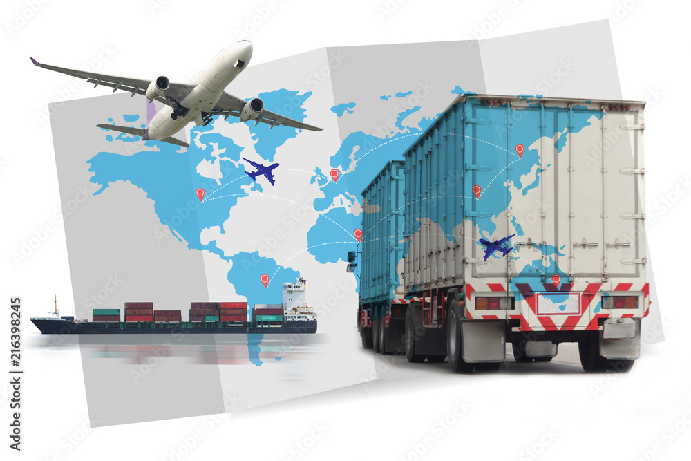 Wall mural transportation, import-export and logistics concept, container truck, ship in port and freight cargo