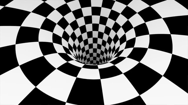Animated hypnotic tunnel with white and black squares. Striped optical illusion three dimensional geometrical wormhole shape pattern motion graphics. Optical illusion created by zoom in of black and