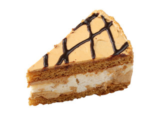 Piece of cake with brown cream isolated on a white background