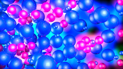 red and blue three-dimensional spheres. neon glow. abstract background. 3D rendering