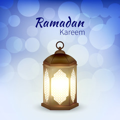 Ramadan Kareem - greeting card with islamic lantern on blue bokeh background for Muslim Community festival. Bright arabic lamp. Graphic design element for invitation, flyer. Vector illustration.