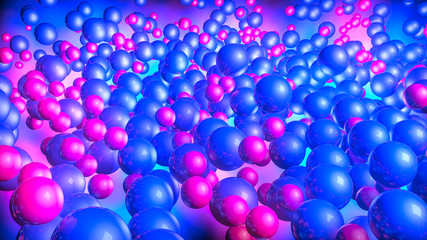 red and blue three-dimensional spheres. neon glow. abstract background. 3D rendering