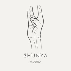 Shunya mudra - gesture in yoga fingers. Symbol in Buddhism or Hinduism concept. Yoga technique for meditation. Promote physical and mental health. Vector illustration.