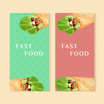 Fast food banners with delicious shawarma. Graphic design elements for menu packaging, advertising, poster, brochure and background. Vector illustration for bistro, snackbar, cafe or restaurant.