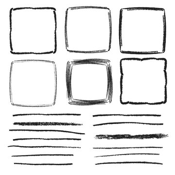 Set of vector square frames and pencil textured lines. Hand drawn isolated doodles.