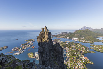 Svolvaergeita rock or The Goat over Svolvaer town in the Lofoten archipelago