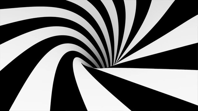 Animated hypnotic tunnel with white and black squares. Striped optical illusion three dimensional geometrical wormhole shape pattern motion graphics. Optical illusion created by zoom in of black and