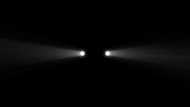 Animation of car headlight on black background. Luminous headlights of automobile contrast with black background. Concept of car presentation. Moving car with lights at night. Stylish and abstract