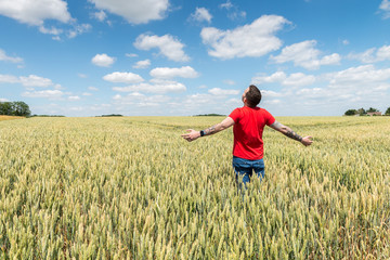 Naklejka na ściany i meble Young Man Standing in a Wheatfield with his Arms Stretched Out