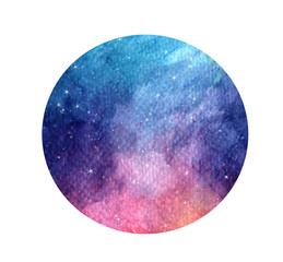 Hand drawn stylized grunge galaxy or night sky with stars. Watercolor space background. Cosmos illustration in circle. Brush and drops.