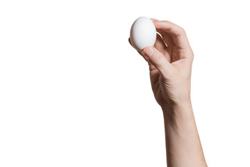 Fototapeta na wymiar Hand holding an egg, isolated on white background