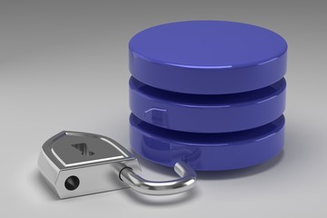 Three blue disks in stack and unlocked steel padlock. Access granted to Data or Database in result of hacker attack. Concept of data security
