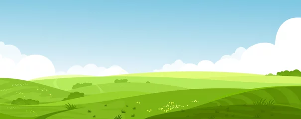 Fototapeten Vector Illustration der schönen Sommerfeldlandschaft mit einer Morgendämmerung, grünen Hügeln, hellem blauem Himmel der Farbe, Landhintergrund in der flachen Karikaturartfahne. © Natalia
