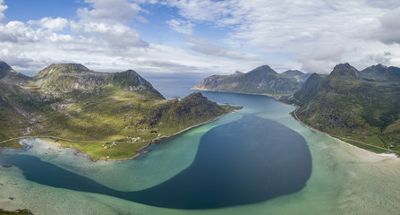 Aerial view of Flakstadpollen, gulf with an unusual deepening in the center - obrazy, fototapety, plakaty