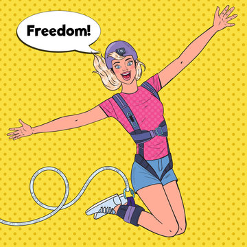 Pop Art Excited Beautiful Woman Jumping Bungee. Extreme Sports. Happy Girl Ropejumping. Vector illustration