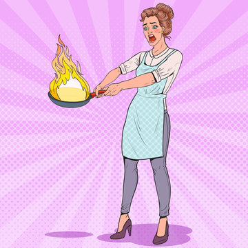 Pop Art Housewife in the Kitchen Holding Pan. Afraid Young Woman in Apron Cooking with Burning Pan. Vector illustration