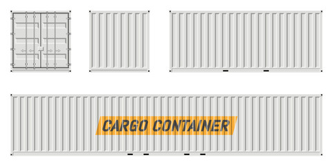 Cargo container vector mockup on white background with side, front, back view. All elements in the groups on separate layers for easy editing and recolor.