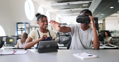 High school students using VR headset in class - Powered by Adobe