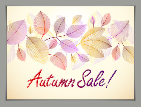 Autumn leaves horizontal background, nature fall template for design banner, ticket, leaflet, card, poster with red and yellow floral elements. Sale, advertising poster, brochure or flyer design.
