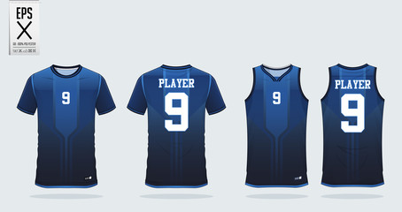 Obraz premium Blue t-shirt sport design template for soccer jersey, football kit and tank top for basketball jersey. Sport uniform in front and back view. Sport shirt mock up for sport club. Vector Illustration.