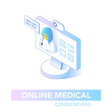 Online Healthcare Isometric Concept. Medical Consultation, Diagnostics Application on Computer. Modern Medical Technology with Doctor. Vector illustration