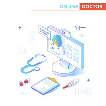 Online Healthcare Isometric Concept. Medical Consultation, Diagnostics Application on Computer, Tablet, Smartphone. Modern Medical Technology with Doctor. Vector illustration