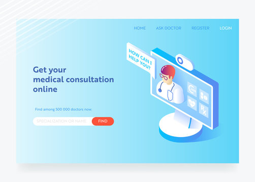 Online Medicine and Healthcare Flat Isometric Design Concept. Medical Services, Pharmacy Landing Page Template. Health Consultation Webpage Layout. Vector illustration