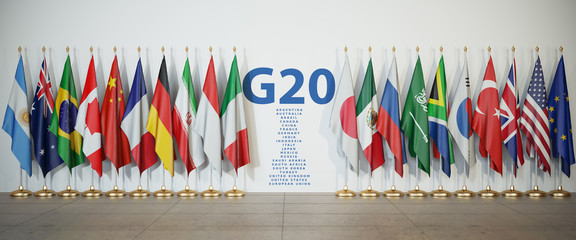 G20 summit or meeting concept. Row from flags of members of G20  Group of Twenty and list of countries,