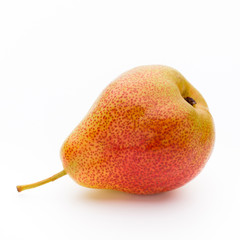 Fresh bio pear with leaves on isolated white background.