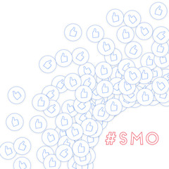 Social media icons. Smo concept. Falling scattered thumbs up. Radiant right bottom corner elements o