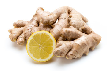 Ginger bio and lemon on white background.