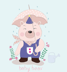 Hand drawn style, Cute little bear cartoon hold umbrella in hand on a rainy day