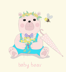 Hand drawn style, Cute little bear cartoon hold flowers in hand.