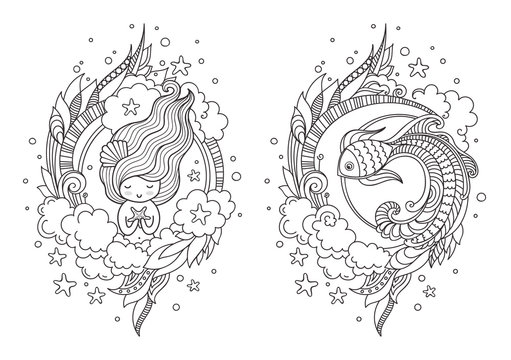 Cute princess mermaid and fantasy fish. Page for coloring book, greeting card, print, t-shirt, poster. Hand-drawn vector illustration.
