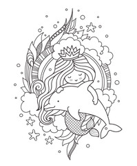 Princess mermaid, hugging cute little dolphin, surrounded by clouds. Vector illustration. Page for coloring book, print, card.