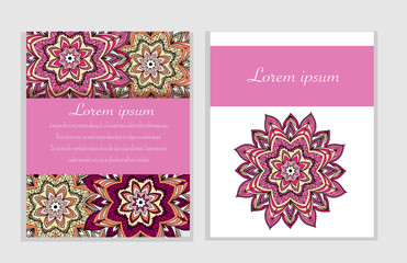 Flyers template set with mandala ornament Vector invitation, thank you, save the date card design. Ottoman, arabic, oriental, turkish, indian, pakistan motif.