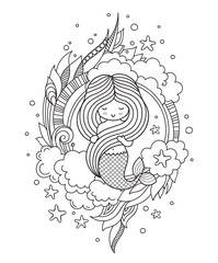 Coloring book page for adults. Little beautiful mermaid, holding her long beautiful wavy hair. Vector outline illustration.