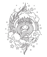 Little mermaid with wreath of starfish, surrounded by clouds. Page for coloring book, greeting card, print, t-shirt, poster. Hand-drawn vector illustration.