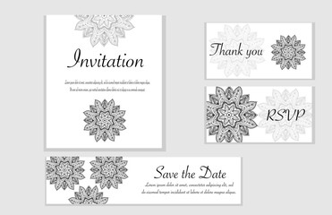 Flyers, banners template set with mandala ornament. Vector invitation, thank you, save the date card design. Ottoman, arabic, oriental, turkish, indian, pakistan motif.