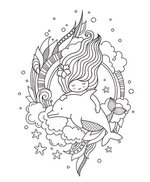 Mermaid swimming among seaweed and clouds, with dolphin. Page for adult coloring book. Vector outline illustration.