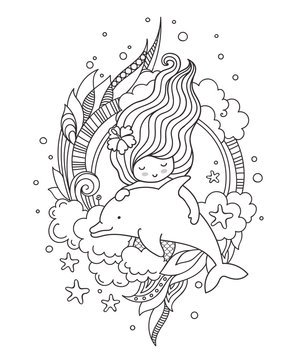 Portrait of beautiful mermaid with flower in her hair, floating with dolphin. Vector outline illustration for coloring book.