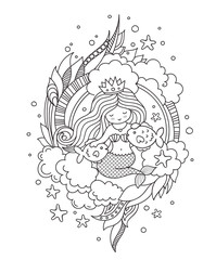 Stylized round composition with mermaid, sitting on the seabed with two little fish. Page for coloring book, greeting card, print, t-shirt, poster. Hand-drawn outline vector illustration.