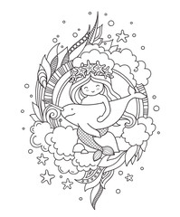 Little mermaid, sitting on a rock, hugging narwhal. Cute cartoon character. Graphic composition for coloring book. Vector illustration.